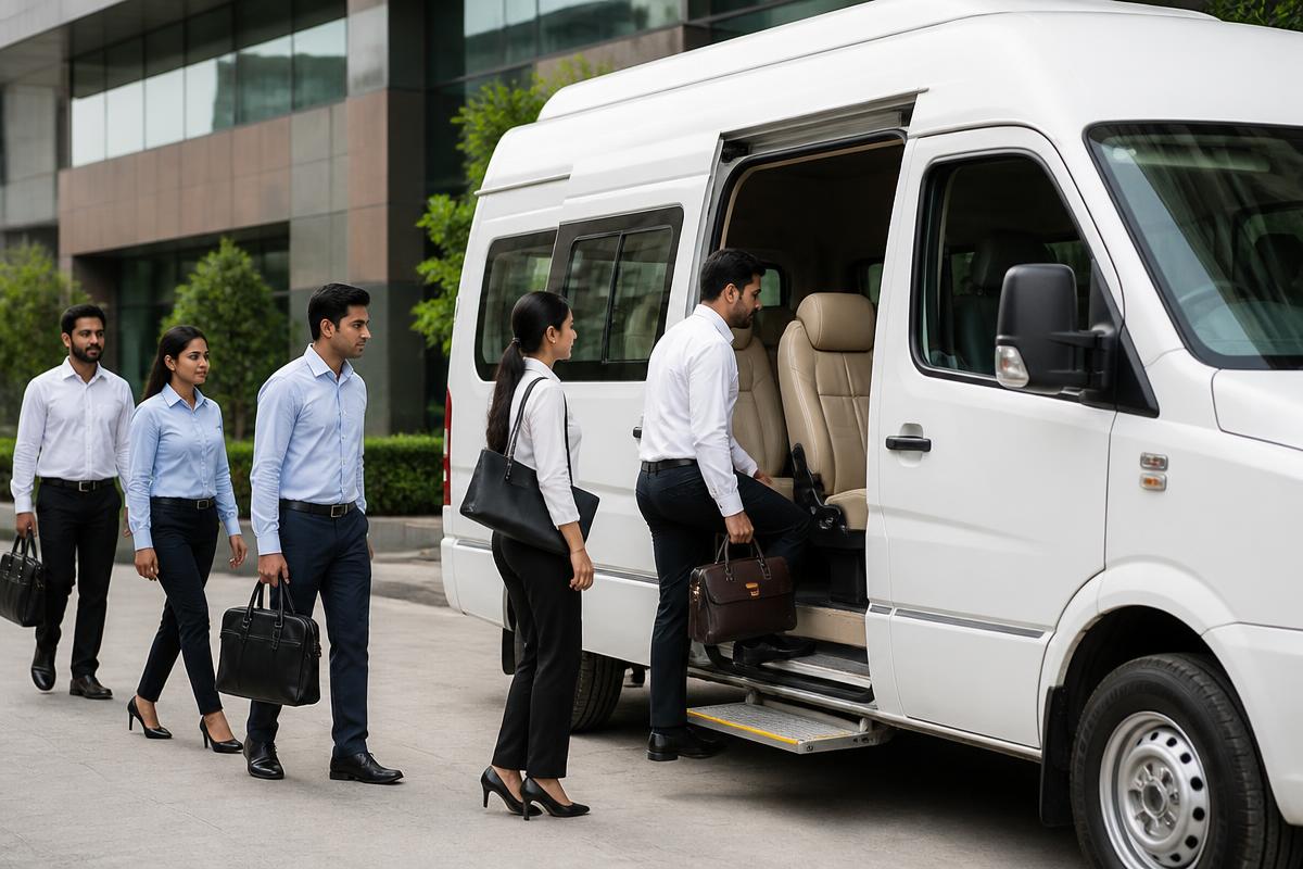 Business travelers boarding a tempo traveller