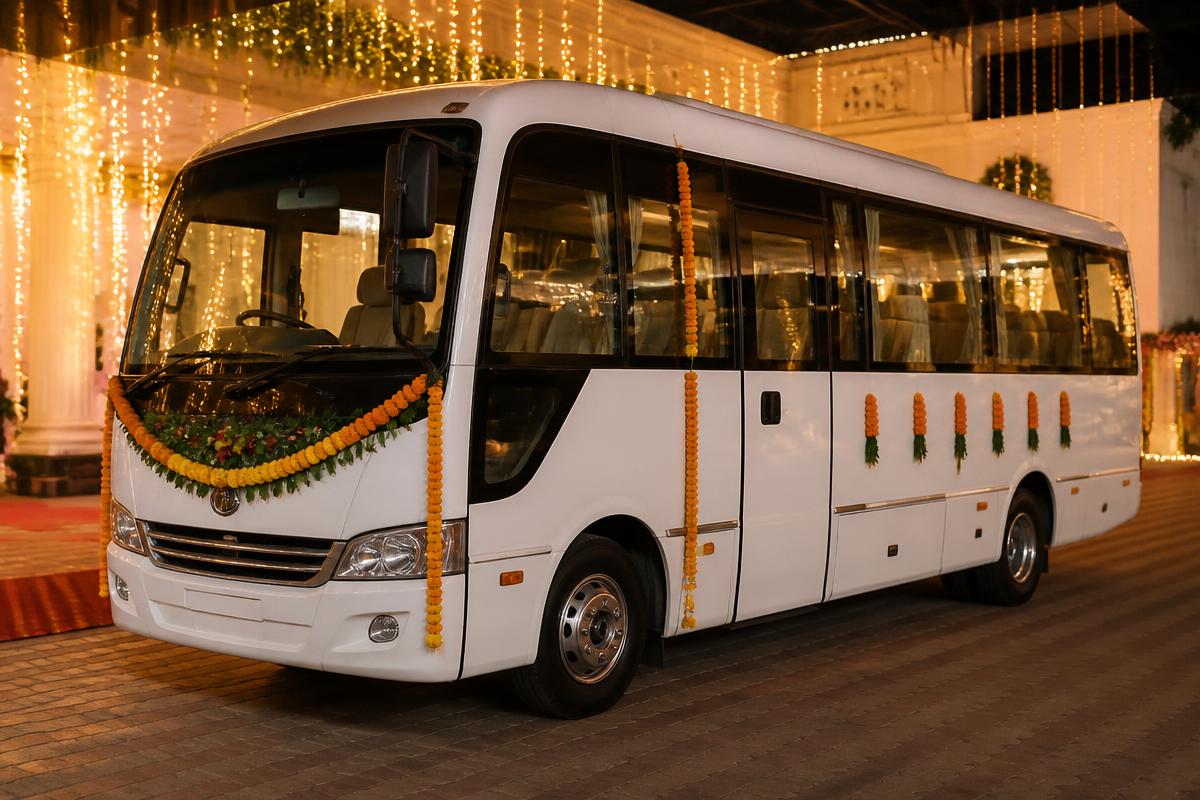 Decorated bus ready for a wedding event
